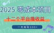 2025年零成本项目，十二个平台撸收益，单号一天轻松200+