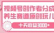 视频号创作者分成，养生赛道原创玩儿法，十条收益 3000➕